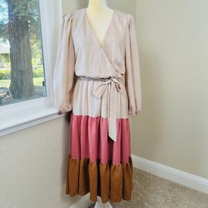 Flying Tomato A. Calin Tiered Midi Dress Womens L Wrap Front Boho Flowy Cottage